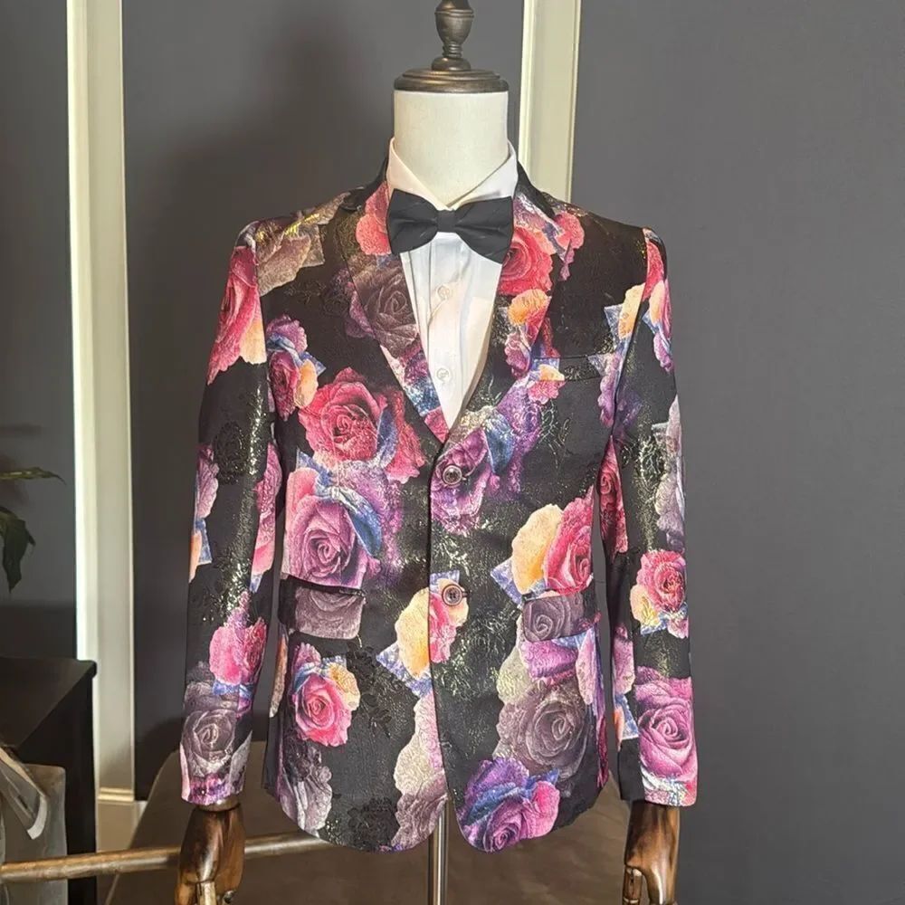 Men’s Slim Fit 2 Button Black Floral Formal Blazer Suit Jacket Size 34 NEW